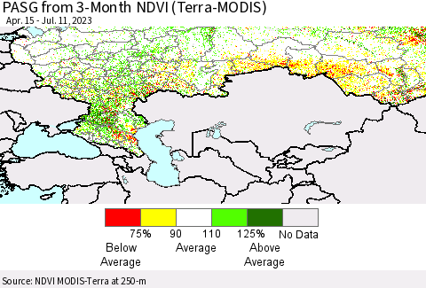 Russian Federation PASG from 3-Month NDVI (Terra-MODIS) Thematic Map For 7/4/2023 - 7/11/2023