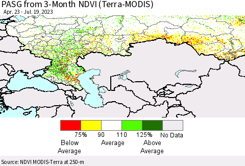 Russian Federation PASG from 3-Month NDVI (Terra-MODIS) Thematic Map For 7/12/2023 - 7/19/2023