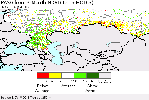 Russian Federation PASG from 3-Month NDVI (Terra-MODIS) Thematic Map For 7/28/2023 - 8/4/2023
