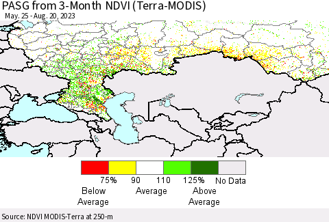 Russian Federation PASG from 3-Month NDVI (Terra-MODIS) Thematic Map For 8/13/2023 - 8/20/2023
