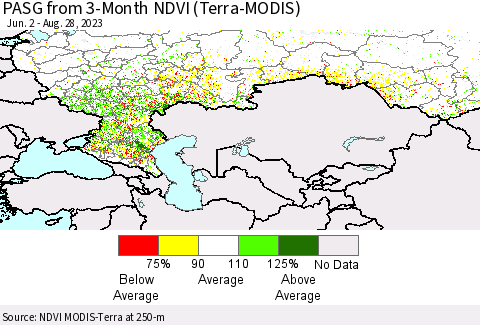 Russian Federation PASG from 3-Month NDVI (Terra-MODIS) Thematic Map For 8/21/2023 - 8/28/2023