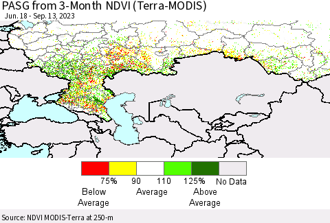 Russian Federation PASG from 3-Month NDVI (Terra-MODIS) Thematic Map For 9/6/2023 - 9/13/2023