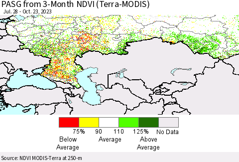 Russian Federation PASG from 3-Month NDVI (Terra-MODIS) Thematic Map For 10/16/2023 - 10/23/2023