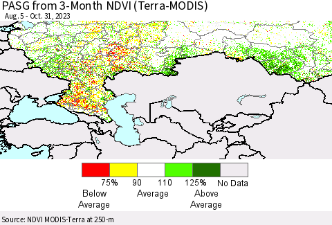 Russian Federation PASG from 3-Month NDVI (Terra-MODIS) Thematic Map For 10/24/2023 - 10/31/2023