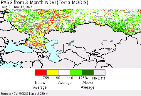 Russian Federation PASG from 3-Month NDVI (Terra-MODIS) Thematic Map For 11/9/2023 - 11/16/2023