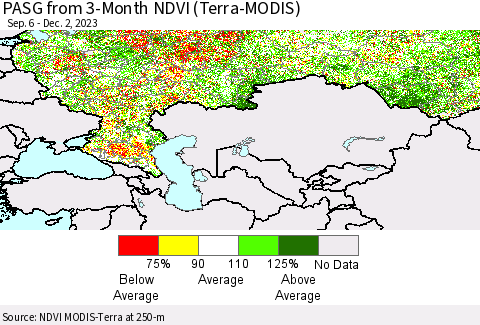 Russian Federation PASG from 3-Month NDVI (Terra-MODIS) Thematic Map For 11/25/2023 - 12/2/2023