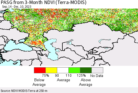 Russian Federation PASG from 3-Month NDVI (Terra-MODIS) Thematic Map For 12/3/2023 - 12/10/2023