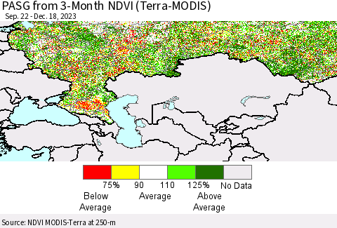 Russian Federation PASG from 3-Month NDVI (Terra-MODIS) Thematic Map For 12/11/2023 - 12/18/2023