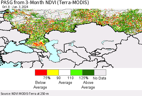 Russian Federation PASG from 3-Month NDVI (Terra-MODIS) Thematic Map For 12/27/2023 - 1/3/2024