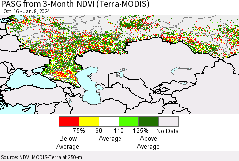 Russian Federation PASG from 3-Month NDVI (Terra-MODIS) Thematic Map For 1/1/2024 - 1/8/2024