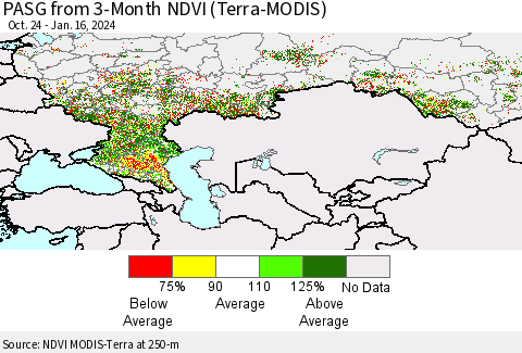 Russian Federation PASG from 3-Month NDVI (Terra-MODIS) Thematic Map For 1/9/2024 - 1/16/2024