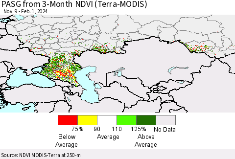 Russian Federation PASG from 3-Month NDVI (Terra-MODIS) Thematic Map For 1/25/2024 - 2/1/2024