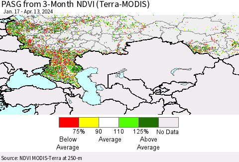 Russian Federation PASG from 3-Month NDVI (Terra-MODIS) Thematic Map For 4/6/2024 - 4/13/2024