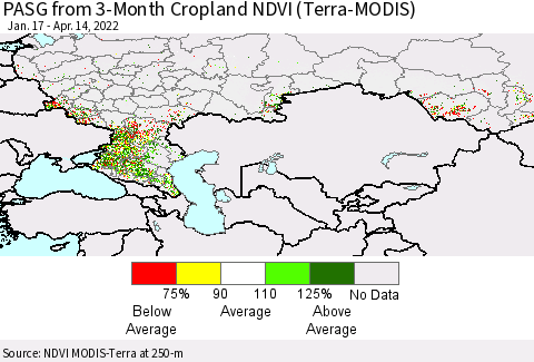 Russian Federation PASG from 3-Month Cropland NDVI (Terra-MODIS) Thematic Map For 4/7/2022 - 4/14/2022