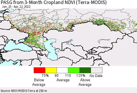 Russian Federation PASG from 3-Month Cropland NDVI (Terra-MODIS) Thematic Map For 4/15/2022 - 4/22/2022