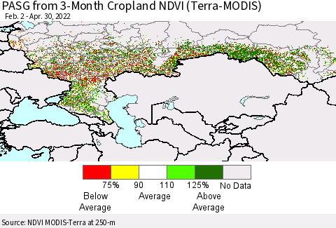 Russian Federation PASG from 3-Month Cropland NDVI (Terra-MODIS) Thematic Map For 4/23/2022 - 4/30/2022