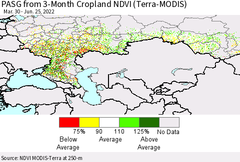 Russian Federation PASG from 3-Month Cropland NDVI (Terra-MODIS) Thematic Map For 6/18/2022 - 6/25/2022