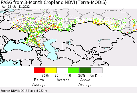 Russian Federation PASG from 3-Month Cropland NDVI (Terra-MODIS) Thematic Map For 7/4/2022 - 7/11/2022