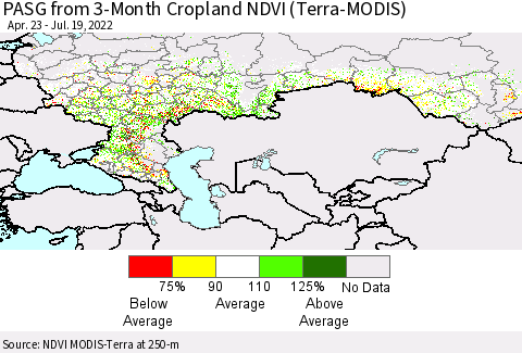 Russian Federation PASG from 3-Month Cropland NDVI (Terra-MODIS) Thematic Map For 7/12/2022 - 7/19/2022