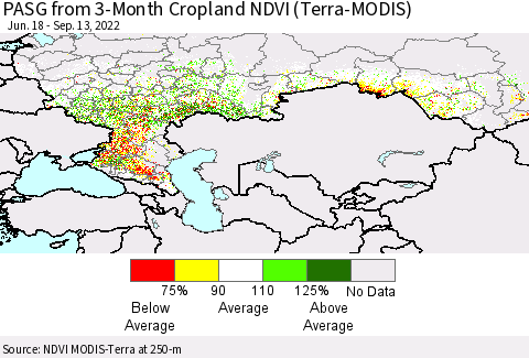 Russian Federation PASG from 3-Month Cropland NDVI (Terra-MODIS) Thematic Map For 9/6/2022 - 9/13/2022