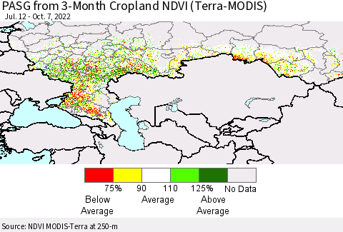 Russian Federation PASG from 3-Month Cropland NDVI (Terra-MODIS) Thematic Map For 9/30/2022 - 10/7/2022