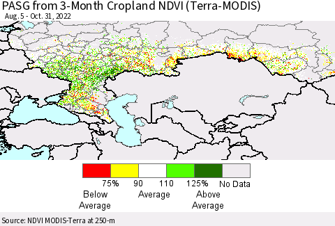 Russian Federation PASG from 3-Month Cropland NDVI (Terra-MODIS) Thematic Map For 10/24/2022 - 10/31/2022