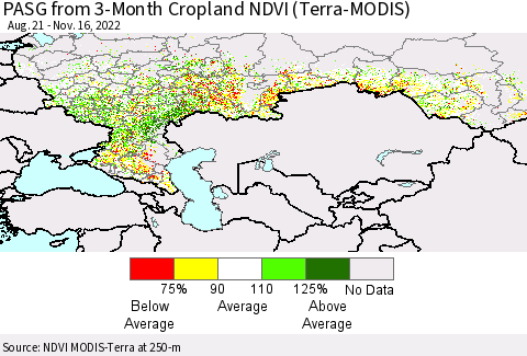 Russian Federation PASG from 3-Month Cropland NDVI (Terra-MODIS) Thematic Map For 11/9/2022 - 11/16/2022