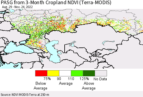 Russian Federation PASG from 3-Month Cropland NDVI (Terra-MODIS) Thematic Map For 11/17/2022 - 11/24/2022