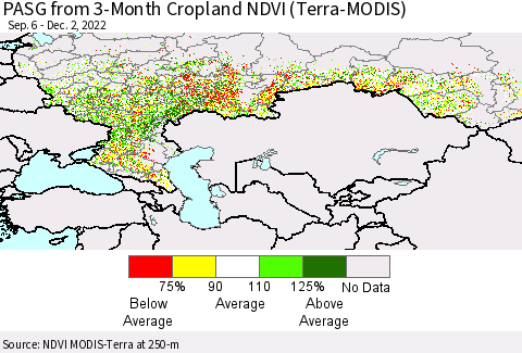 Russian Federation PASG from 3-Month Cropland NDVI (Terra-MODIS) Thematic Map For 11/25/2022 - 12/2/2022