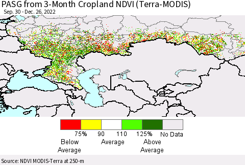 Russian Federation PASG from 3-Month Cropland NDVI (Terra-MODIS) Thematic Map For 12/19/2022 - 12/26/2022