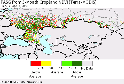 Russian Federation PASG from 3-Month Cropland NDVI (Terra-MODIS) Thematic Map For 4/7/2023 - 4/14/2023