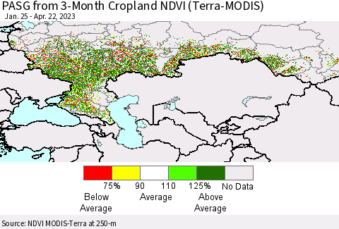 Russian Federation PASG from 3-Month Cropland NDVI (Terra-MODIS) Thematic Map For 4/15/2023 - 4/22/2023
