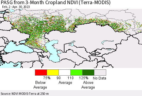 Russian Federation PASG from 3-Month Cropland NDVI (Terra-MODIS) Thematic Map For 4/23/2023 - 4/30/2023