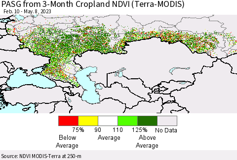 Russian Federation PASG from 3-Month Cropland NDVI (Terra-MODIS) Thematic Map For 5/1/2023 - 5/8/2023