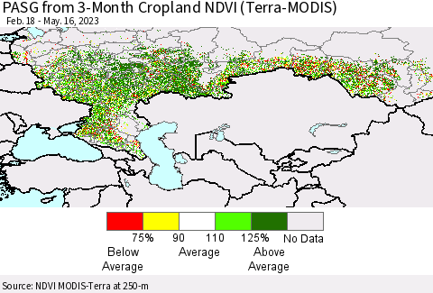 Russian Federation PASG from 3-Month Cropland NDVI (Terra-MODIS) Thematic Map For 5/9/2023 - 5/16/2023