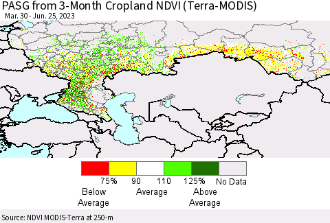 Russian Federation PASG from 3-Month Cropland NDVI (Terra-MODIS) Thematic Map For 6/18/2023 - 6/25/2023