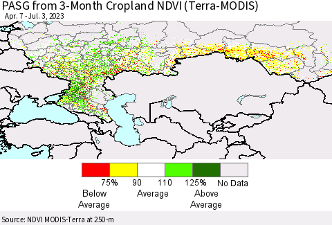 Russian Federation PASG from 3-Month Cropland NDVI (Terra-MODIS) Thematic Map For 6/26/2023 - 7/3/2023