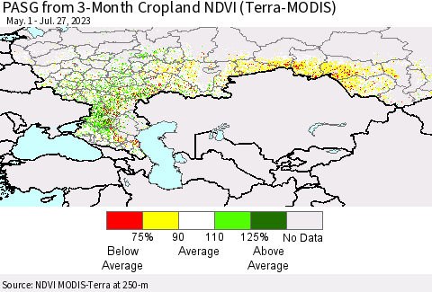 Russian Federation PASG from 3-Month Cropland NDVI (Terra-MODIS) Thematic Map For 7/20/2023 - 7/27/2023