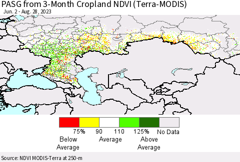 Russian Federation PASG from 3-Month Cropland NDVI (Terra-MODIS) Thematic Map For 8/21/2023 - 8/28/2023