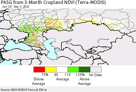 Russian Federation PASG from 3-Month Cropland NDVI (Terra-MODIS) Thematic Map For 8/29/2023 - 9/5/2023