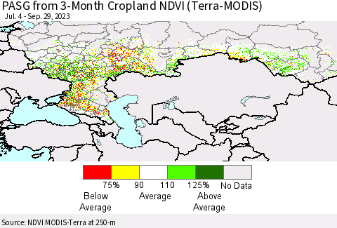 Russian Federation PASG from 3-Month Cropland NDVI (Terra-MODIS) Thematic Map For 9/22/2023 - 9/29/2023