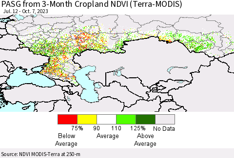 Russian Federation PASG from 3-Month Cropland NDVI (Terra-MODIS) Thematic Map For 9/30/2023 - 10/7/2023
