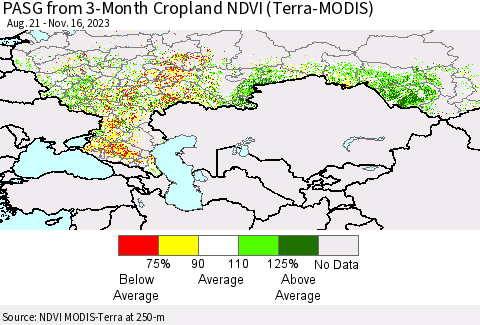 Russian Federation PASG from 3-Month Cropland NDVI (Terra-MODIS) Thematic Map For 11/9/2023 - 11/16/2023