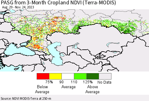 Russian Federation PASG from 3-Month Cropland NDVI (Terra-MODIS) Thematic Map For 11/17/2023 - 11/24/2023