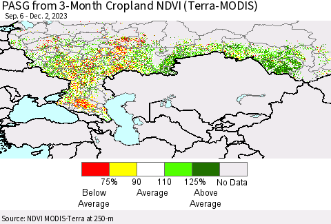 Russian Federation PASG from 3-Month Cropland NDVI (Terra-MODIS) Thematic Map For 11/25/2023 - 12/2/2023