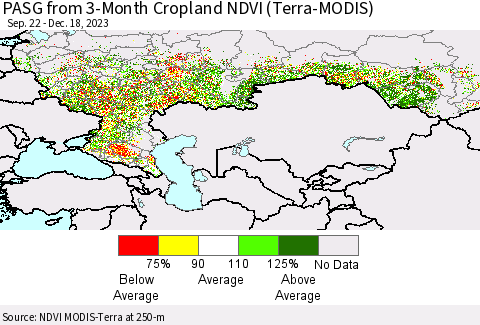 Russian Federation PASG from 3-Month Cropland NDVI (Terra-MODIS) Thematic Map For 12/11/2023 - 12/18/2023
