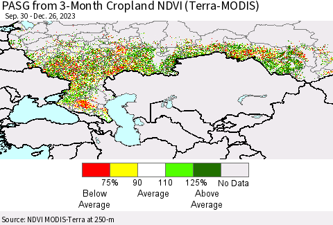 Russian Federation PASG from 3-Month Cropland NDVI (Terra-MODIS) Thematic Map For 12/19/2023 - 12/26/2023