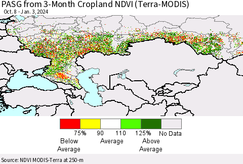 Russian Federation PASG from 3-Month Cropland NDVI (Terra-MODIS) Thematic Map For 12/27/2023 - 1/3/2024