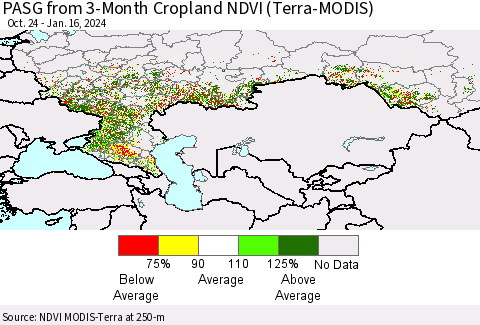 Russian Federation PASG from 3-Month Cropland NDVI (Terra-MODIS) Thematic Map For 1/9/2024 - 1/16/2024