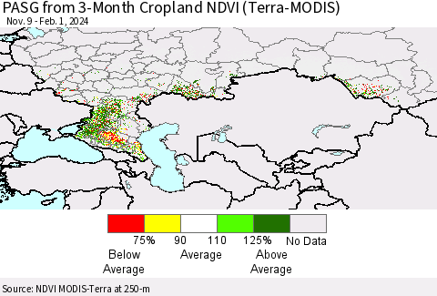 Russian Federation PASG from 3-Month Cropland NDVI (Terra-MODIS) Thematic Map For 1/25/2024 - 2/1/2024